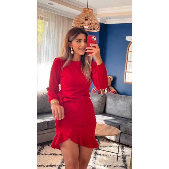 Kadın Uzun Kollu Bisiklet Yaka önden Volanlı Ithal Krep Elbise , 31642