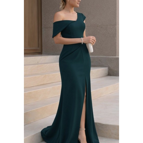 Kadın Tek Omzu Açık Kısa Kollu önden Yırtmaçlı Uzun Ithal Krep Elbise, 31648