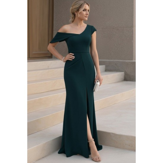 Kadın Tek Omzu Açık Kısa Kollu önden Yırtmaçlı Uzun Ithal Krep Elbise, 31648