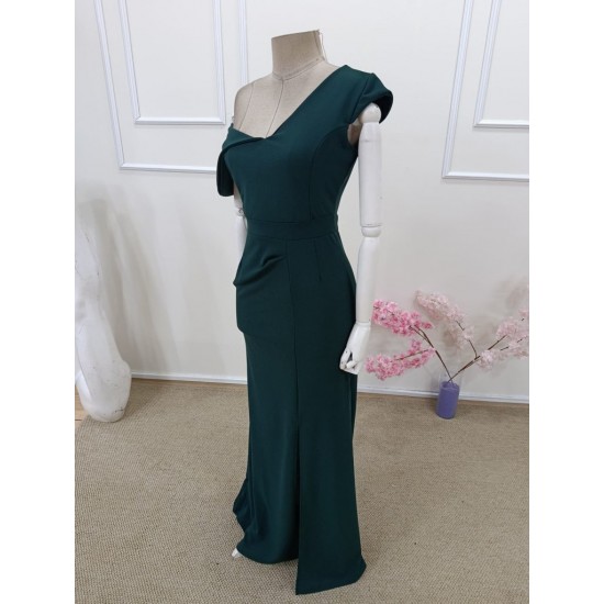 Kadın Tek Omzu Açık Kısa Kollu önden Yırtmaçlı Uzun Ithal Krep Elbise, 31648