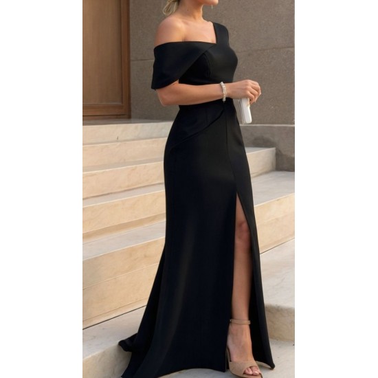 Kadın Tek Omzu Açık Kısa Kollu önden Yırtmaçlı Uzun Ithal Krep Elbise , 31647