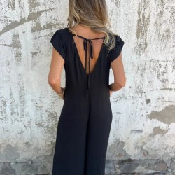 Kadın Kısa Kollu V Yakalı Arkası Derin Bağcıklı Uzun Aerobin Tulum , 31645