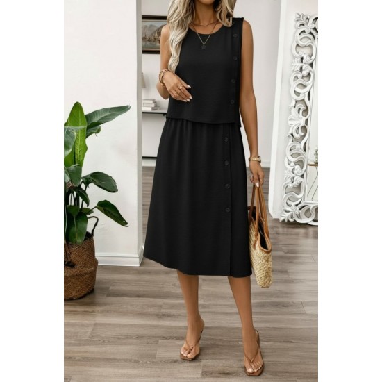 Kadın Kolsuz Yuvarlak Yakalı Düğmeli Aerobin Bluz Ve Midi Etek Ikili Takım , 31650