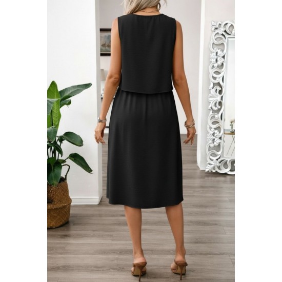 Kadın Kolsuz Yuvarlak Yakalı Düğmeli Aerobin Bluz Ve Midi Etek Ikili Takım , 31650