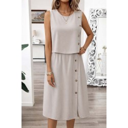 Kadın Kolsuz Yuvarlak Yakalı Düğmeli Aerobin Bluz Ve Midi Etek Ikili Takım , 31649