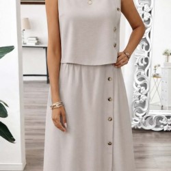 Kadın Kolsuz Yuvarlak Yakalı Düğmeli Aerobin Bluz Ve Midi Etek Ikili Takım , 31649