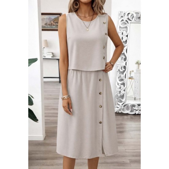 Kadın Kolsuz Yuvarlak Yakalı Düğmeli Aerobin Bluz Ve Midi Etek Ikili Takım , 31649