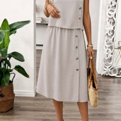 Kadın Kolsuz Yuvarlak Yakalı Düğmeli Aerobin Bluz Ve Midi Etek Ikili Takım , 31649