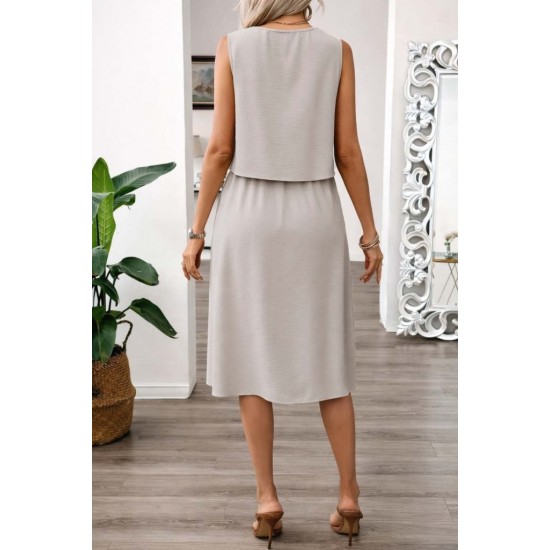 Kadın Kolsuz Yuvarlak Yakalı Düğmeli Aerobin Bluz Ve Midi Etek Ikili Takım , 31649