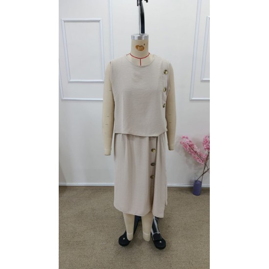 Kadın Kolsuz Yuvarlak Yakalı Düğmeli Aerobin Bluz Ve Midi Etek Ikili Takım , 31649