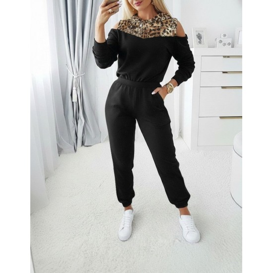 Kadın Uzun Kollu Omuzlardan Açık Leopar Desenli Kapşonlu Viskon Iki Iplik Bluz Ve Pantolon Ikili Takım , 31665