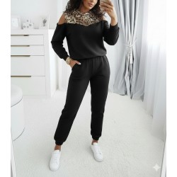 Kadın Uzun Kollu Omuzlardan Açık Leopar Desenli Kapşonlu Viskon Iki Iplik Bluz Ve Pantolon Ikili Takım , 31665