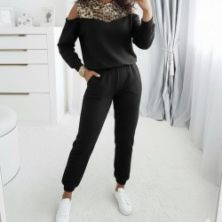 Kadın Uzun Kollu Omuzlardan Açık Leopar Desenli Kapşonlu Viskon Iki Iplik Bluz Ve Pantolon Ikili Takım , 31665