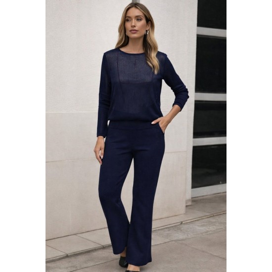 Kadın Uzun Kollu Yuvarlak Yaka Transparan Detaylı Triko Bluz Ve Pantolon Ikili Takım, 31661