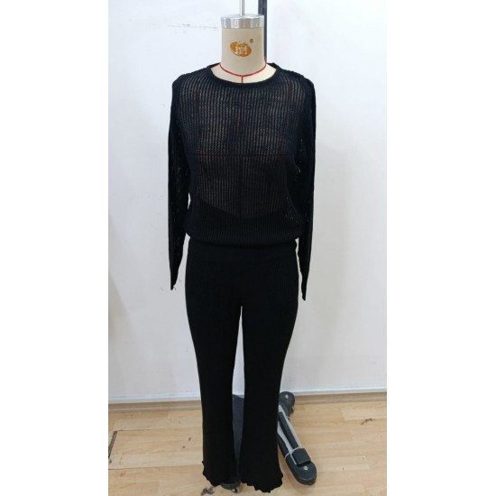 Kadın Uzun Kollu Yuvarlak Yaka Transparan Detaylı Triko Bluz Ve Pantolon Ikili Takım , 31660