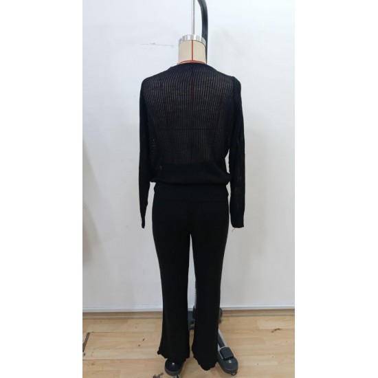 Kadın Uzun Kollu Yuvarlak Yaka Transparan Detaylı Triko Bluz Ve Pantolon Ikili Takım , 31660