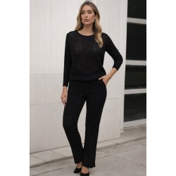 Kadın Uzun Kollu Yuvarlak Yaka Transparan Detaylı Triko Bluz Ve Pantolon Ikili Takım , 31660