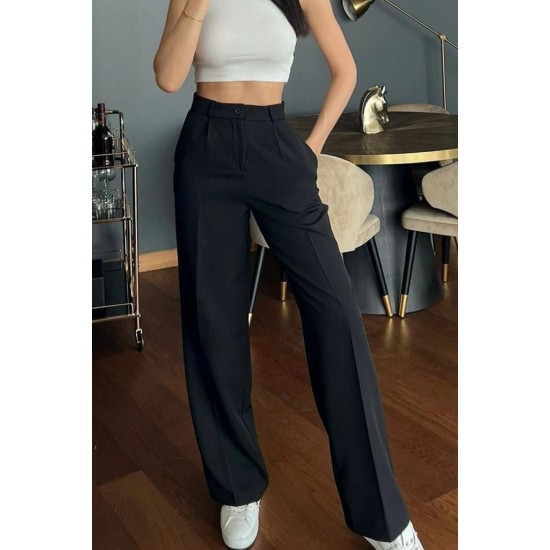 Kadın Yüksek Bel Cepli Ithal Krep Pantolon , 31659