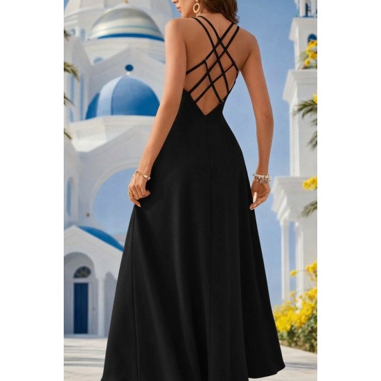 Kadın Ip Askılı V Yakalı Yırtmaçlı Uzun Aerobin Elbise , 31655