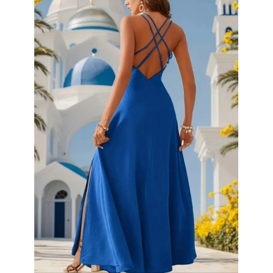 Kadın Ip Askılı V Yakalı Yırtmaçlı Uzun Aerobin Elbise , 31654