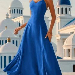 Kadın Ip Askılı V Yakalı Yırtmaçlı Uzun Aerobin Elbise , 31654