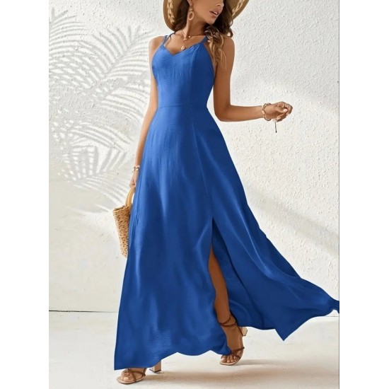 Kadın Ip Askılı V Yakalı Yırtmaçlı Uzun Aerobin Elbise , 31654