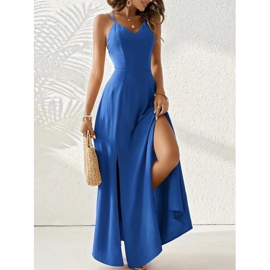 Kadın Ip Askılı V Yakalı Yırtmaçlı Uzun Aerobin Elbise , 31654