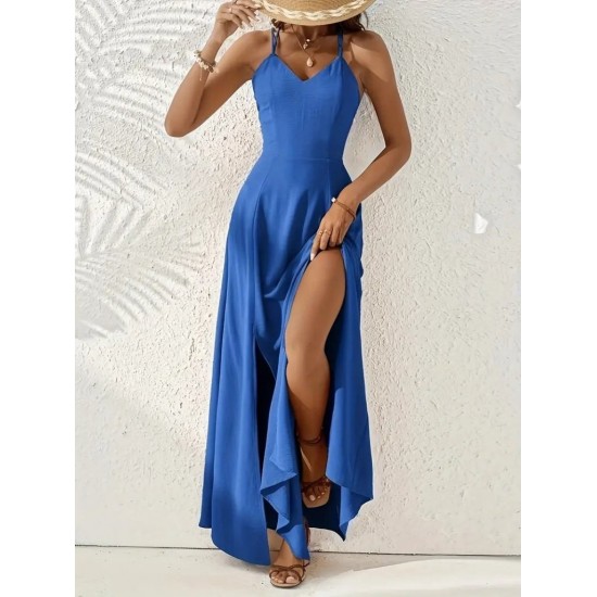 Kadın Ip Askılı V Yakalı Yırtmaçlı Uzun Aerobin Elbise , 31654