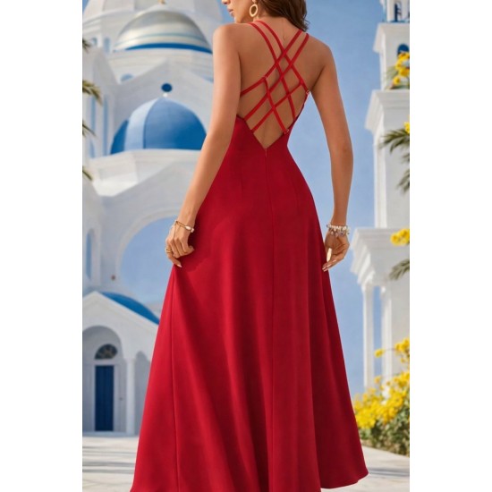 Kadın Ip Askılı V Yakalı Yırtmaçlı Uzun Aerobin Elbise , 31653