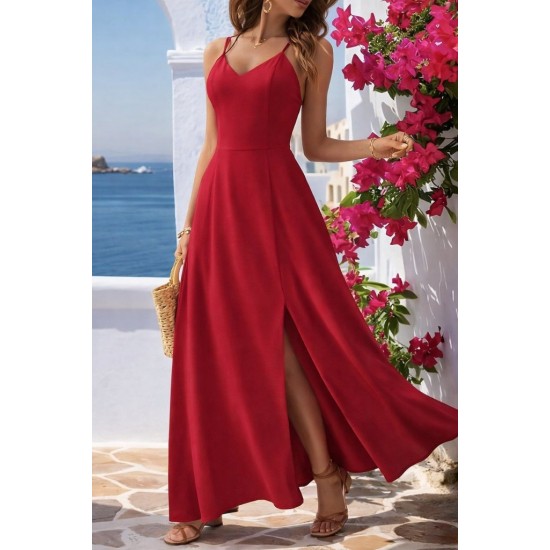 Kadın Ip Askılı V Yakalı Yırtmaçlı Uzun Aerobin Elbise , 31653