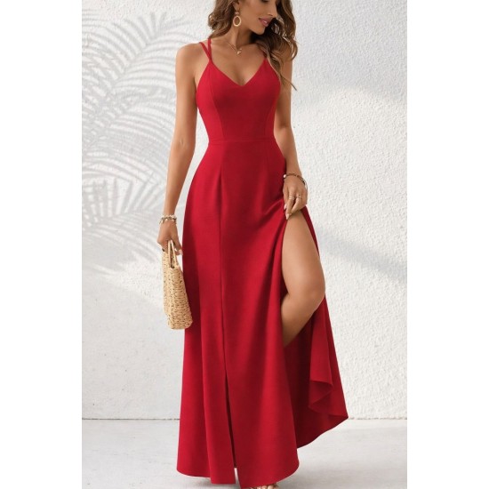 Kadın Ip Askılı V Yakalı Yırtmaçlı Uzun Aerobin Elbise , 31653