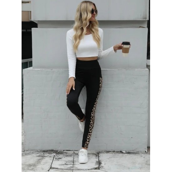 Kadın Yüksek Bel Cep Detaylı Leopar Desenli Dalgıç Tayt , 31674