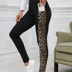 Kadın Yüksek Bel Cep Detaylı Leopar Desenli Dalgıç Tayt , 31674