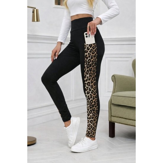 Kadın Yüksek Bel Cep Detaylı Leopar Desenli Dalgıç Tayt , 31674
