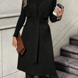 Kadın Kolsuz Yakalı önü Açık Belden Kuşaklı Süet Midi Yelek , 31682