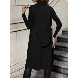 Kadın Kolsuz Yakalı önü Açık Belden Kuşaklı Süet Midi Yelek , 31682