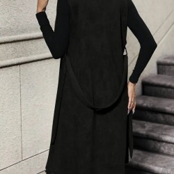 Kadın Kolsuz Yakalı önü Açık Belden Kuşaklı Süet Midi Yelek , 31682