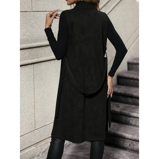 Kadın Kolsuz Yakalı önü Açık Belden Kuşaklı Süet Midi Yelek , 31682