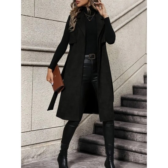 Kadın Kolsuz Yakalı önü Açık Belden Kuşaklı Süet Midi Yelek , 31682