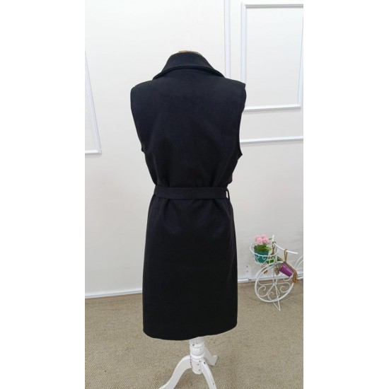 Kadın Kolsuz Yakalı önü Açık Belden Kuşaklı Süet Midi Yelek , 31682