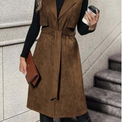 Kadın Kolsuz Yakalı önü Açık Belden Kuşaklı Süet Midi Yelek , 31681