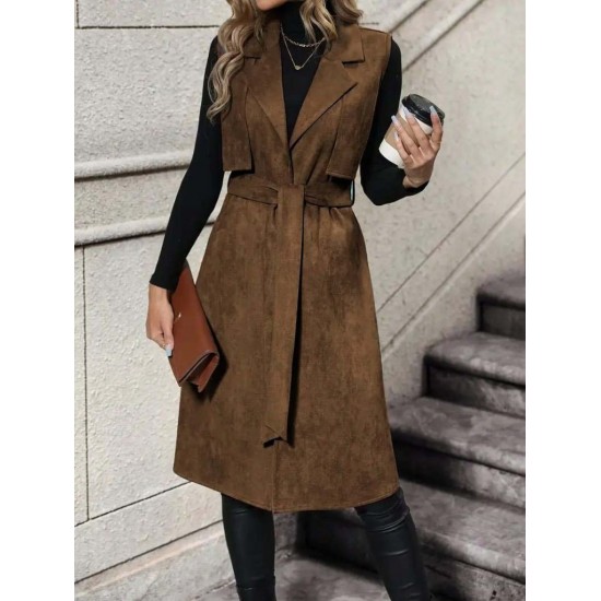 Kadın Kolsuz Yakalı önü Açık Belden Kuşaklı Süet Midi Yelek , 31681