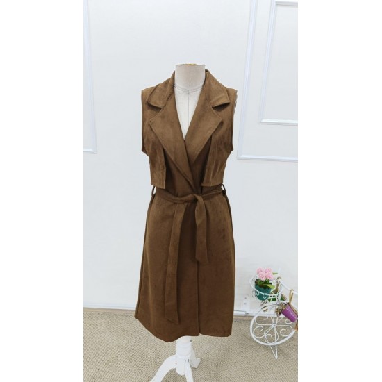 Kadın Kolsuz Yakalı önü Açık Belden Kuşaklı Süet Midi Yelek , 31681