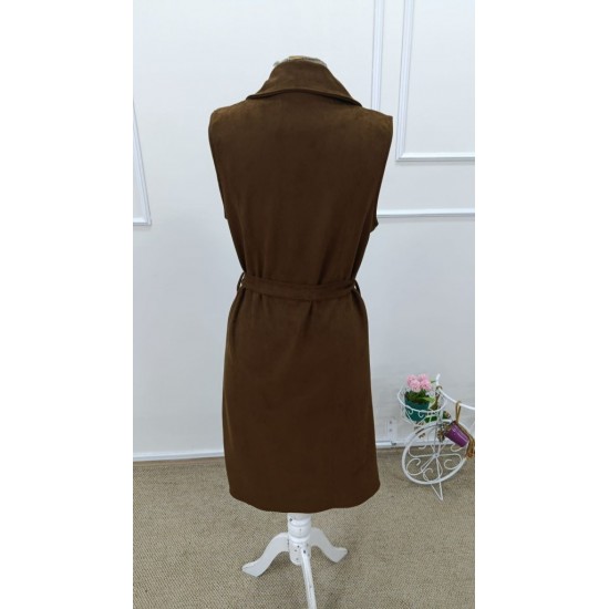 Kadın Kolsuz Yakalı önü Açık Belden Kuşaklı Süet Midi Yelek , 31681