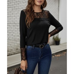 Women' S Long-sleeved Crew Neck Blouse With Lace Detail And Cable Knit. , 31680