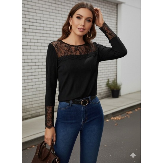 Kadın Uzun Kollu Bisiklet Yaka Dantel Detaylı Burgu Bluz , 31680