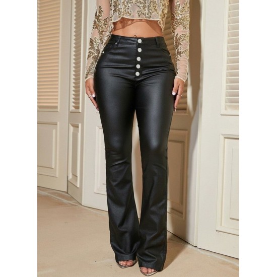 Kadın Yüksek Bel önden Düğmeli Deri Pantolon , 31679