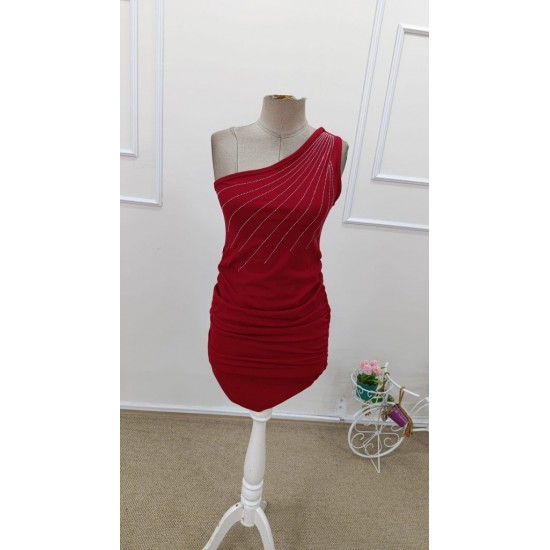 Kadın Tek Omuzdan Askılı Omzu Açık Taşlı Mini Ithal Krep Elbise , 31678