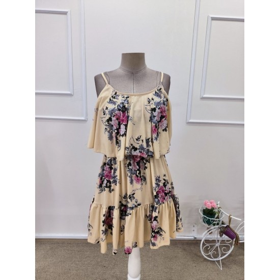 Kadın Askılı V Yakalı çiçek Desenli Mini Süprem Elbise , 31687