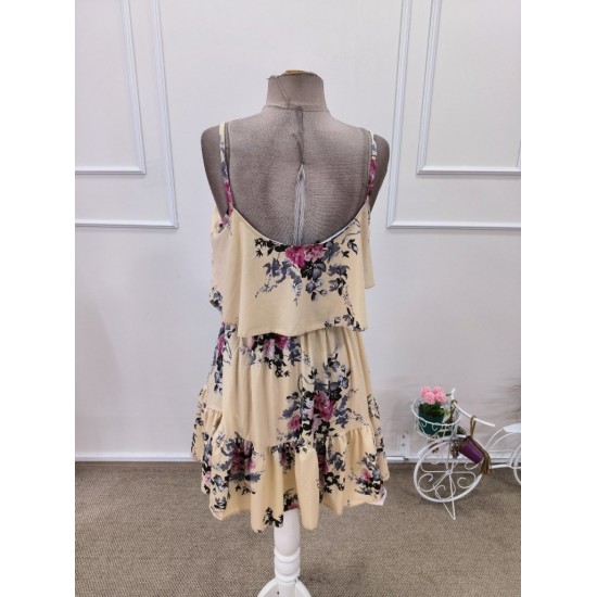 Kadın Askılı V Yakalı çiçek Desenli Mini Süprem Elbise , 31687